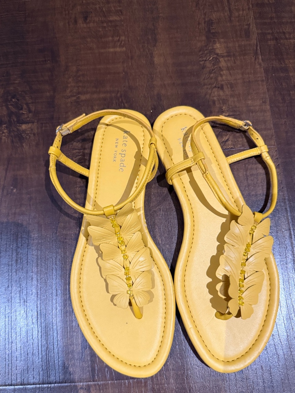 kate spade Yellow Butterfly T-Strap Sandals with Beaded Detail